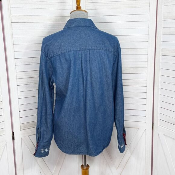 Karen Scott Embroidered Country Christmas Denim Button Up Shirt Blue Medium - Picture 6 of 12